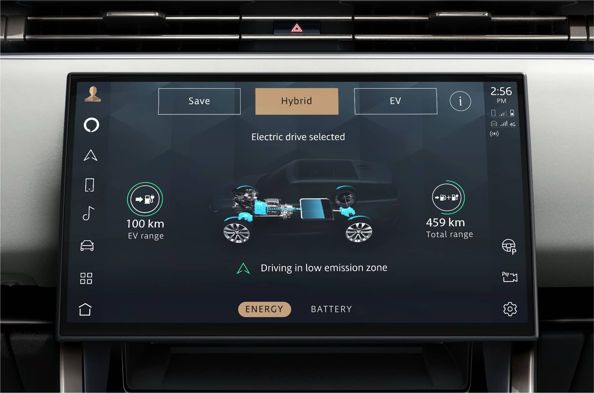 Pantalla mostrando el estado del sistema híbrido del Range Rover.