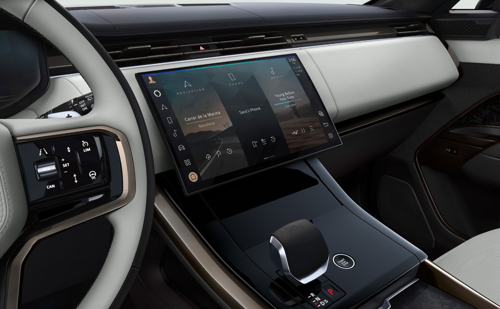 Sistema de infotainment y controles del vehículo del Range Rover Sport Híbrido.