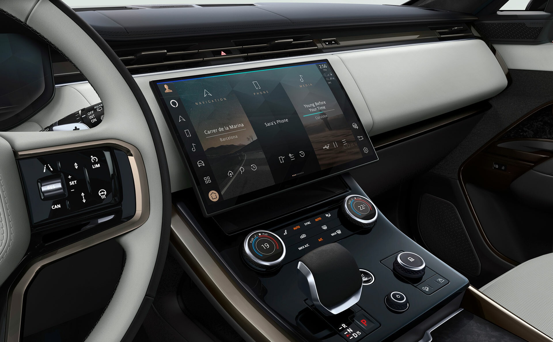 Sistema de infotainment con doble pantalla táctil.