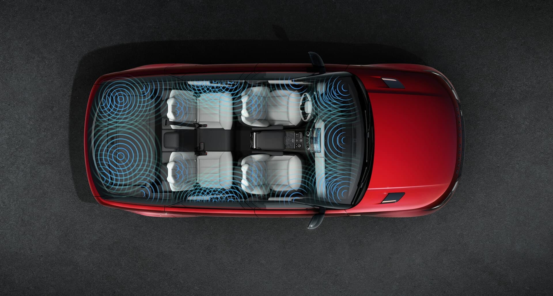 Sistema de sonido premium, vista superior del interior con patrón de ondas sonoras.