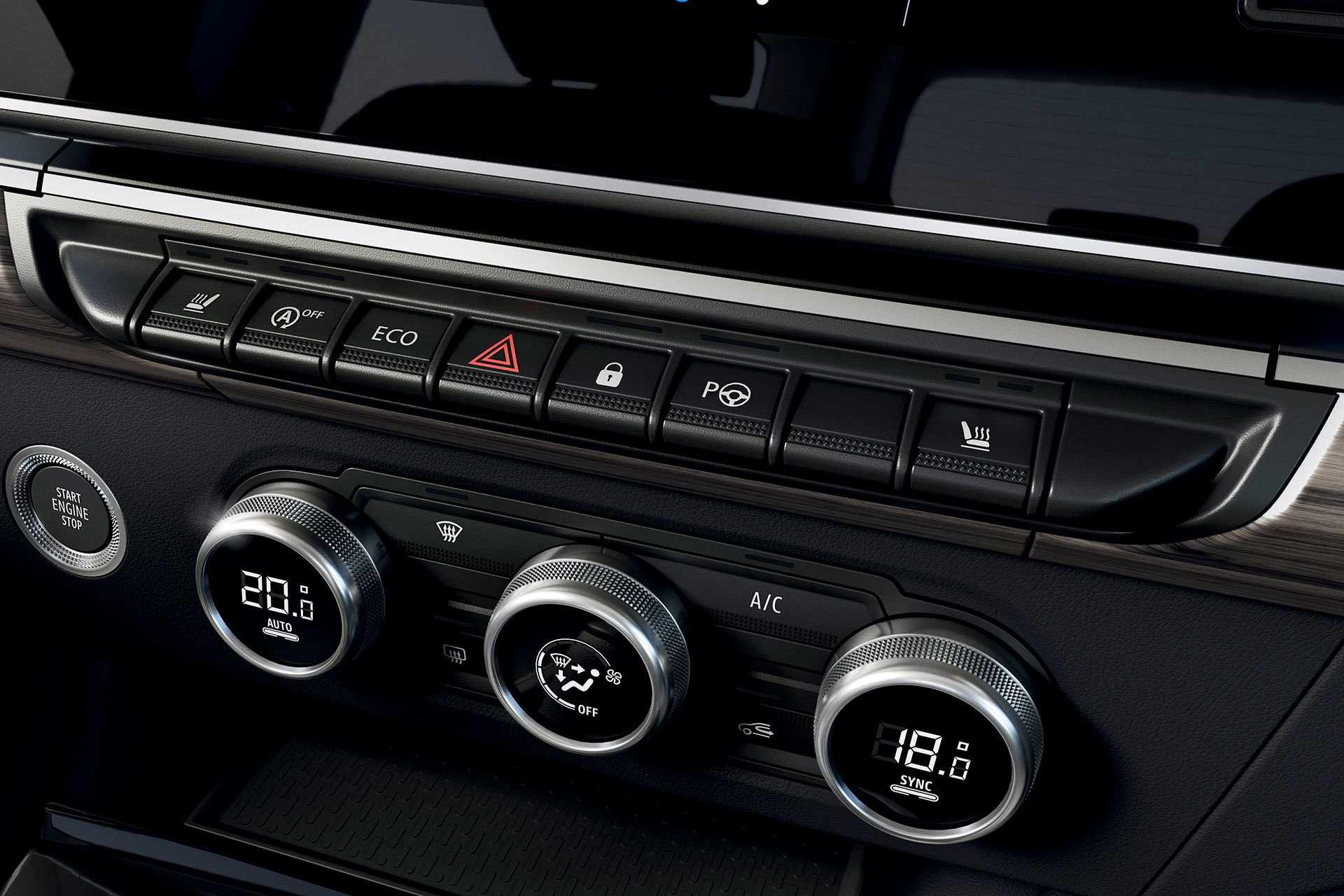 Panel de climatización con mandos giratorios e indicadores digitales.