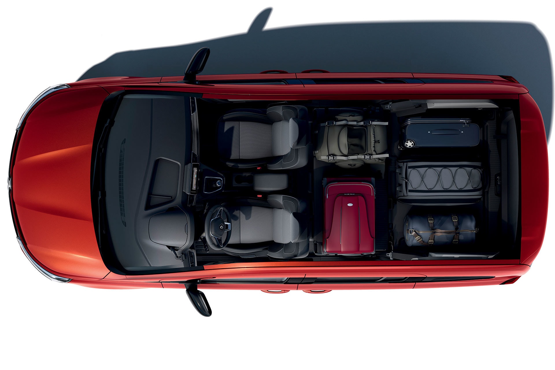 Vista aérea del interior del Renault Kangoo Combi, mostrando configuración de asientos y maletero.