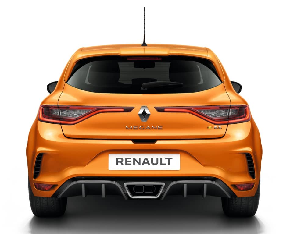 Vista posterior del Renault Mégane RS destacando sus líneas deportivas y escape central.