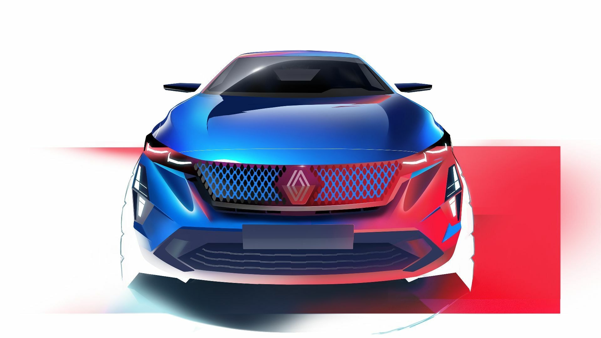 Presentación frontal del Renault Rafale, enfatizando su parrilla distintiva.