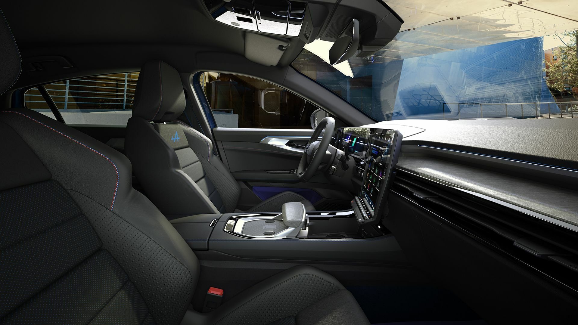 Detalle de la consola central y asientos delanteros del Renault Rafale.