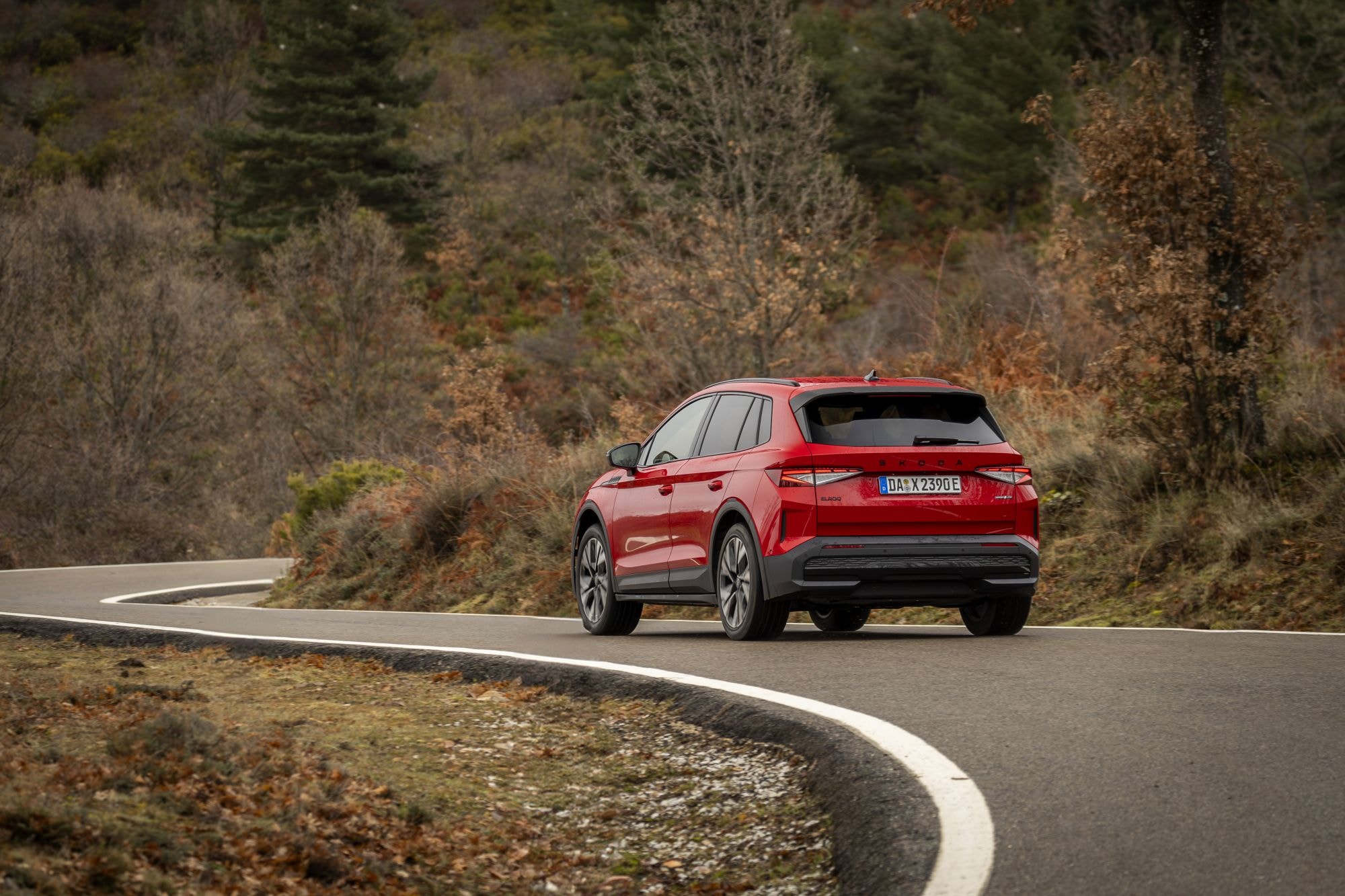 Perspectiva lateral del Skoda Elroq estacionado en la niebla.