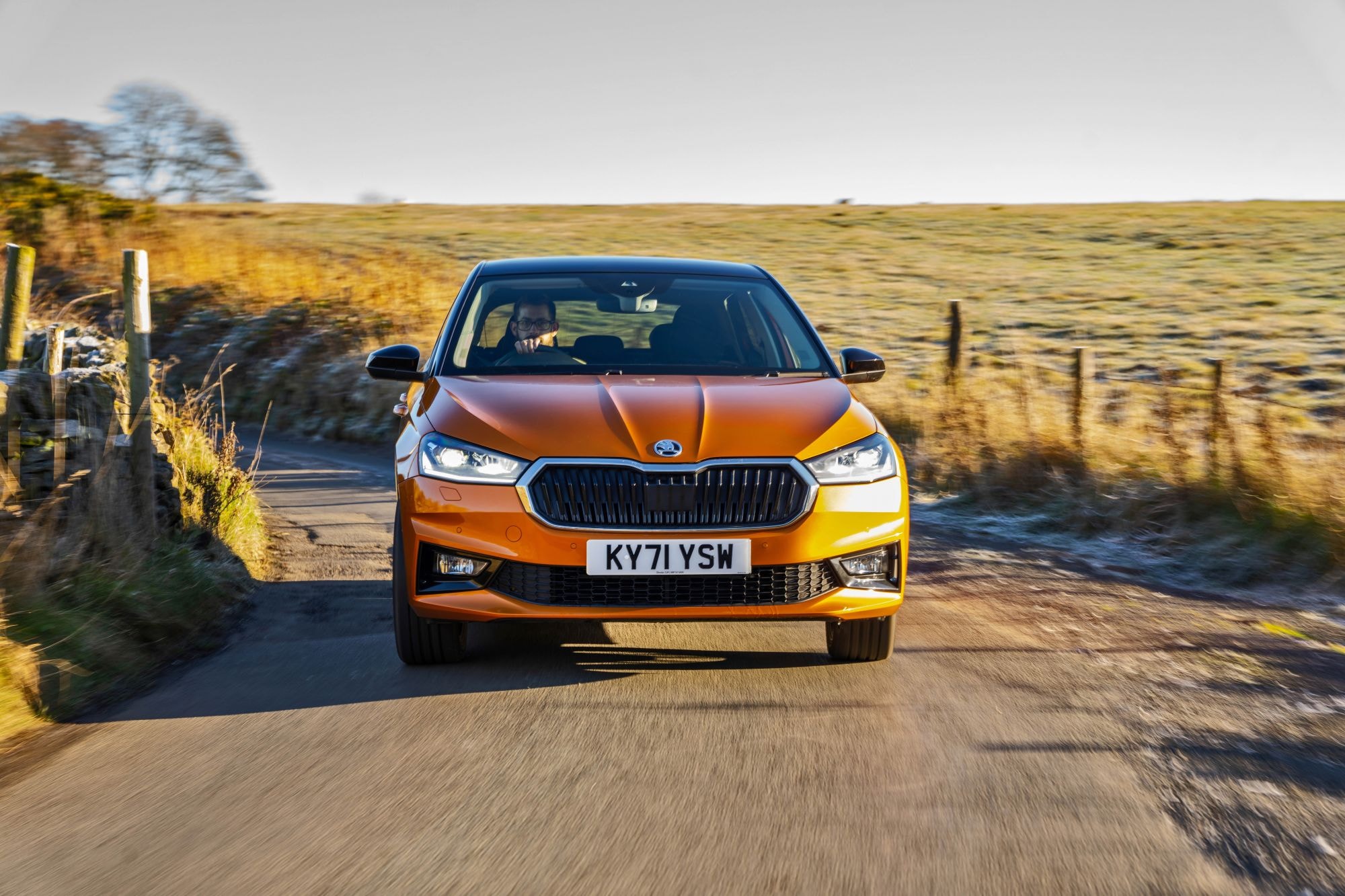 Vista detallada del emblema de Skoda, símbolo de calidad y diseño.