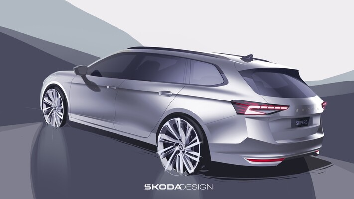 Boceto conceptual que muestra el diseño innovador del Skoda Superb. Boceto conceptual que muestra el diseño innovador del Skoda Superb.