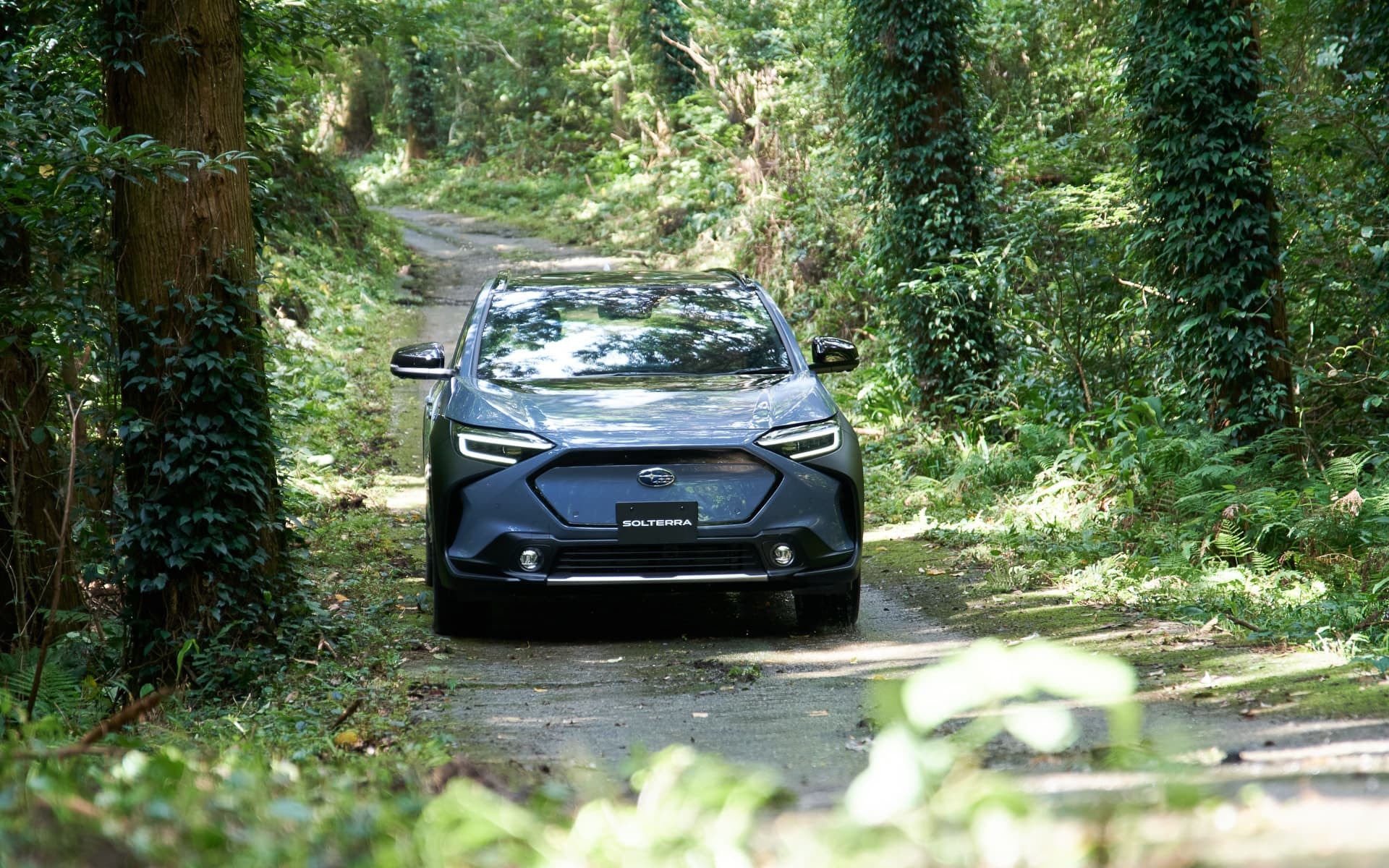 Subaru Solterra avanzando por un camino rodeado de vegetación, vista frontal.