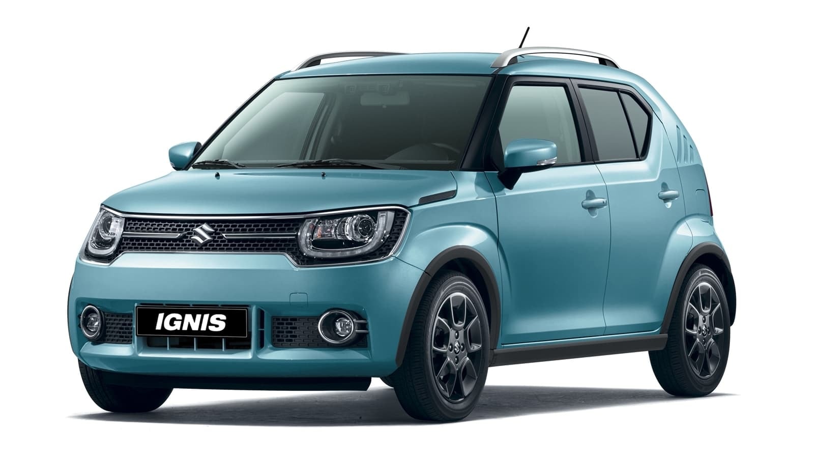 Perfil completo del Suzuki Ignis en color aqua, destacando su estilo fresco y juvenil.