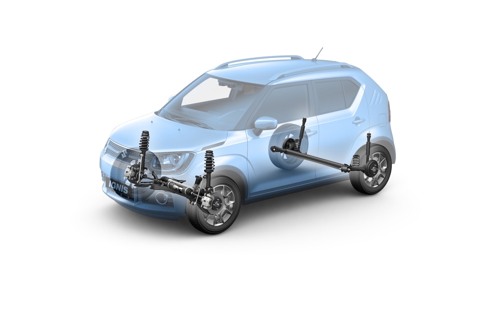 Perspectiva delantera y lateral del Suzuki Ignis, en tono plata metálico.