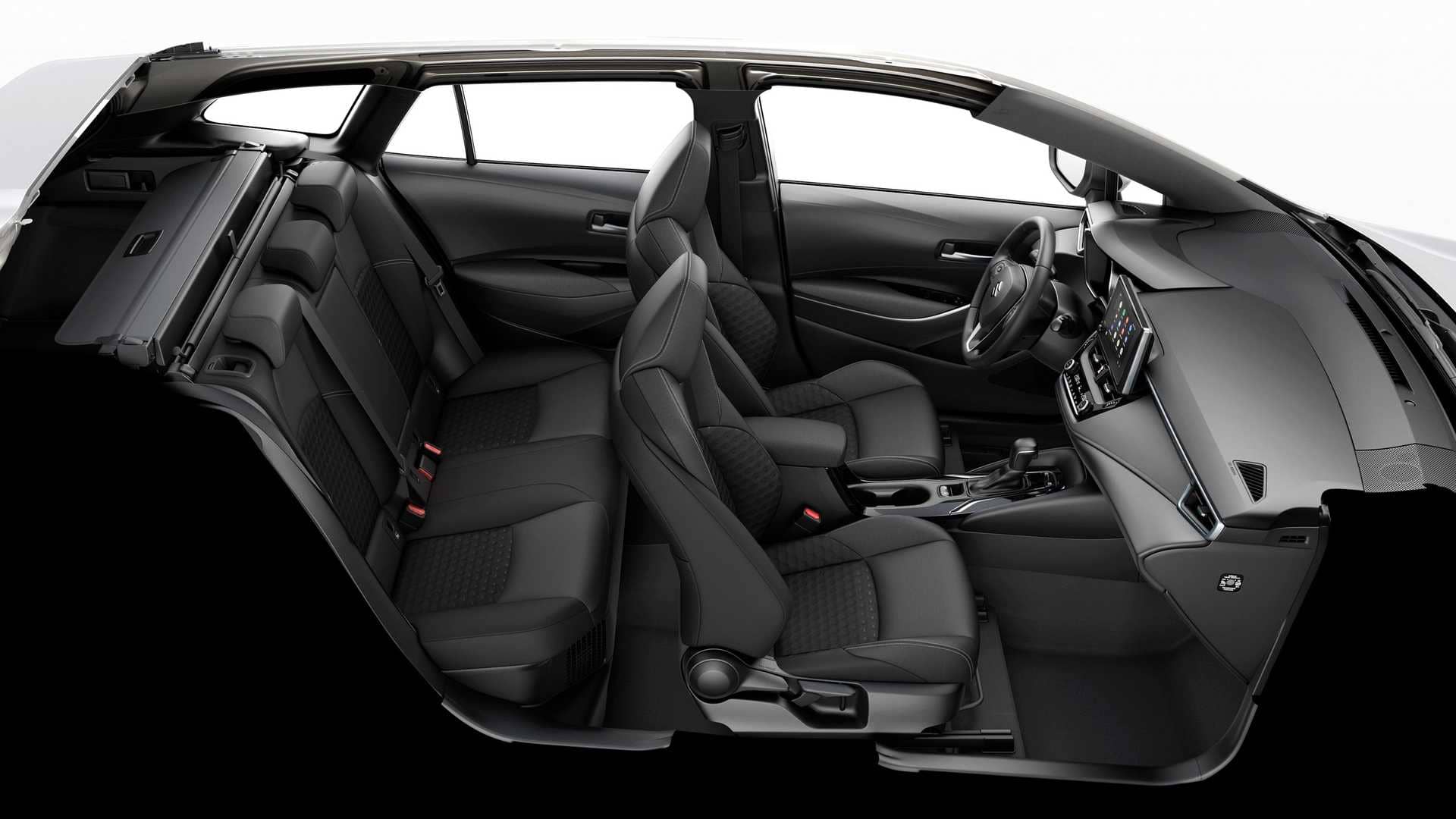 Vista lateral interna en ángulo que revela la amplitud del espacio interior del Suzuki Swace SW híbrido.