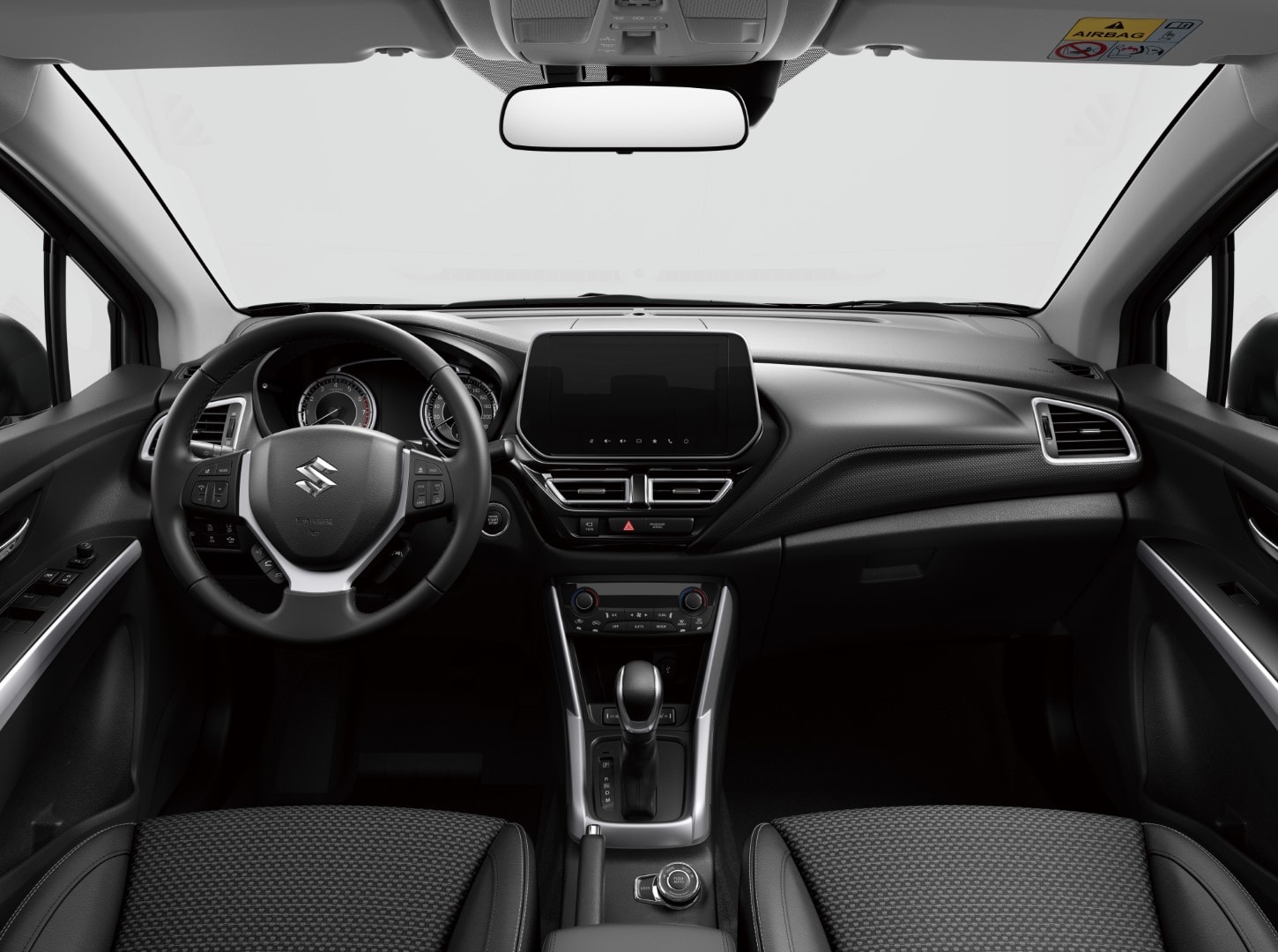 Cabina elegante del Suzuki S-Cross que muestra volante y consola central.