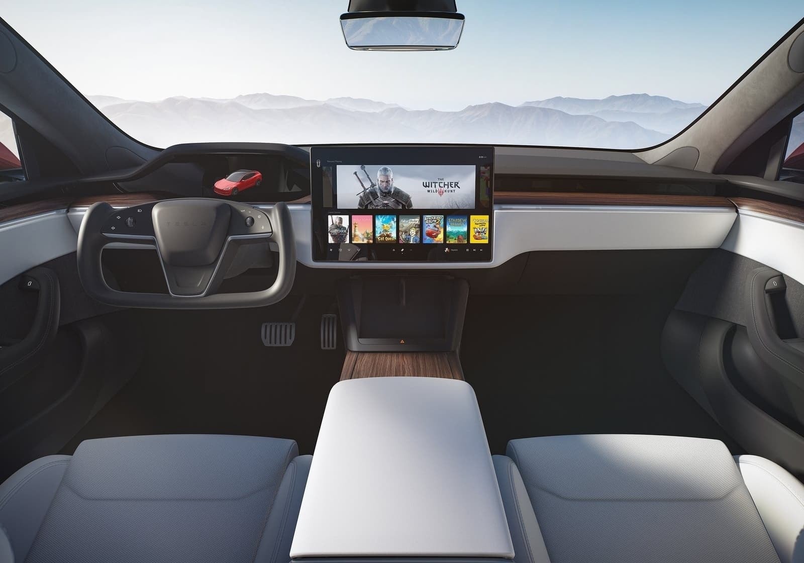Espacio interior del Tesla Model S con sistema de infoentretenimiento avanzado y acabados de calidad.