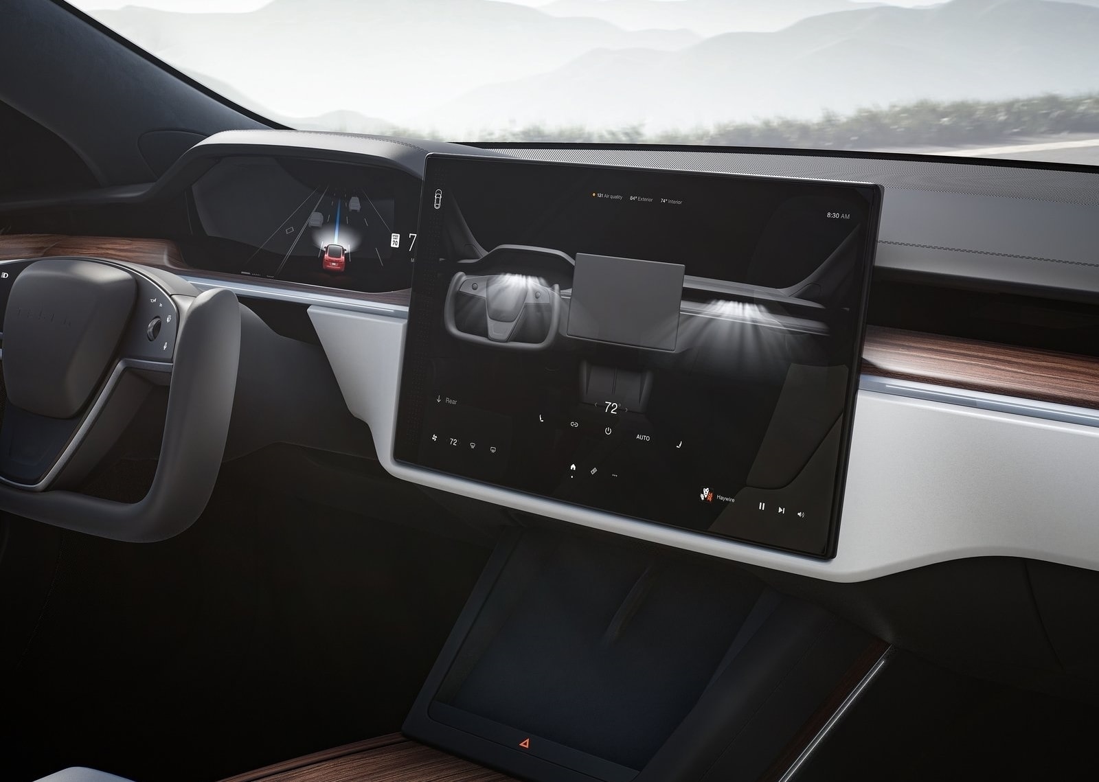 Pantalla táctil central del Tesla Model S mostrando funciones del vehículo.