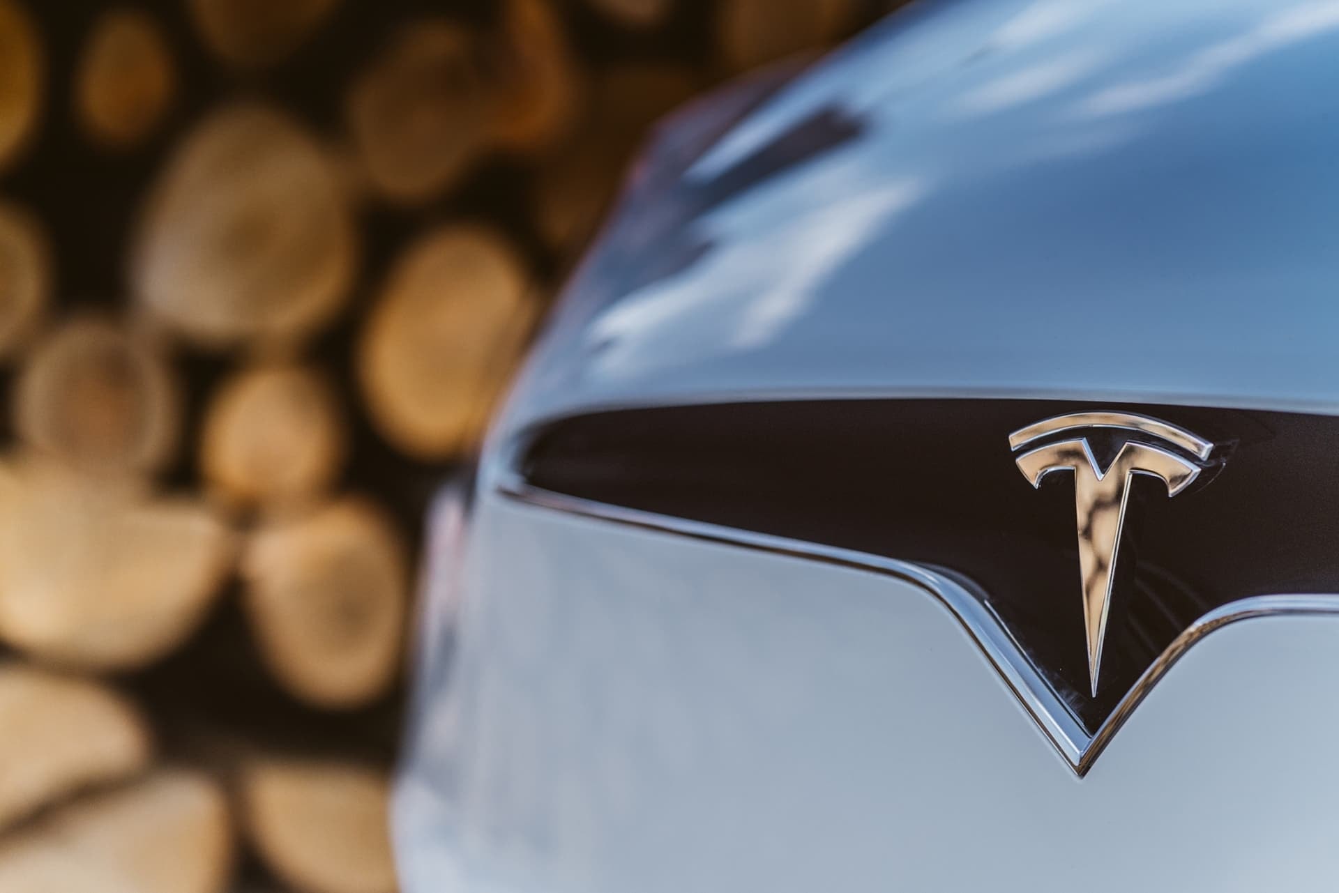 Primer plano del icónico emblema de Tesla en el Model X.