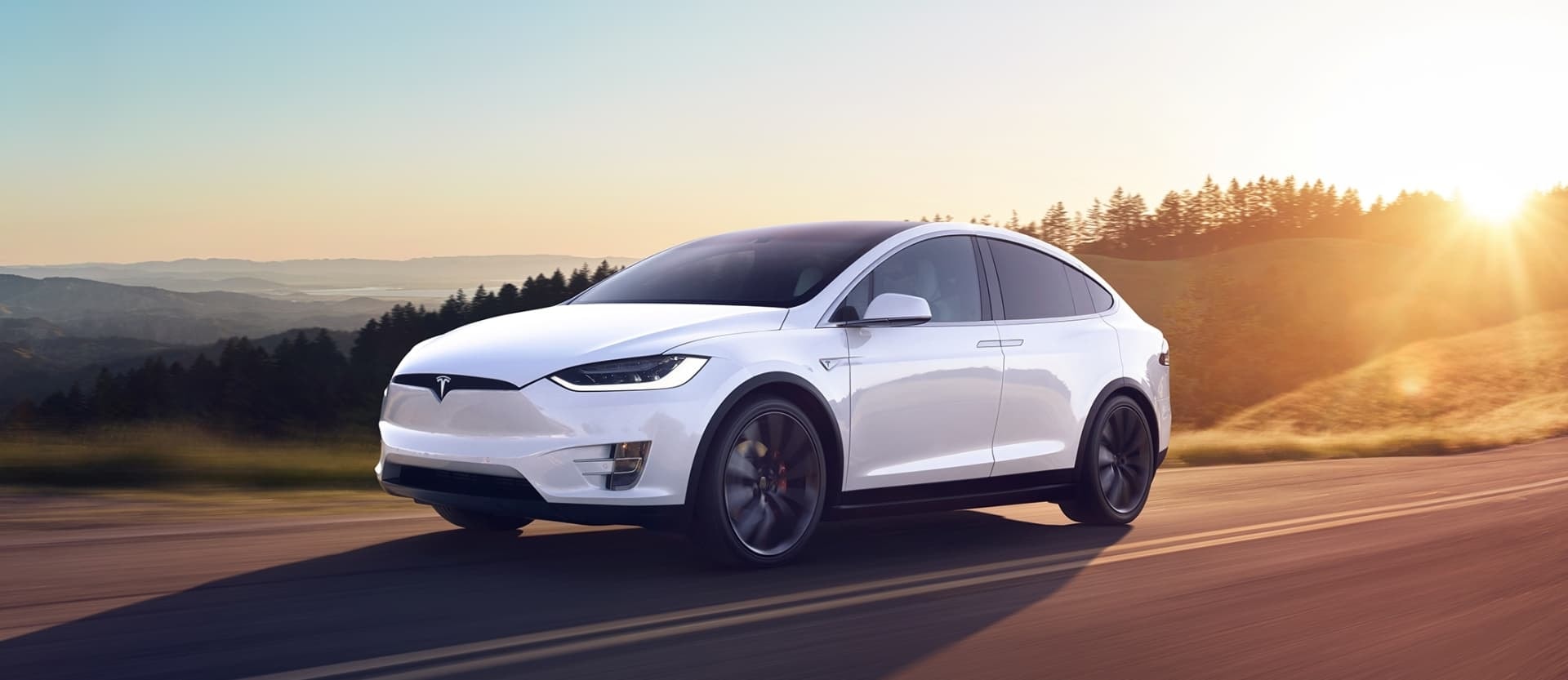 Tesla Model X en movimiento capturando su elegancia y dinamismo.