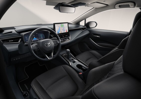 Vista lateral y frontal del Toyota Corolla Híbrido, destacando su diseño moderno. Vista lateral y frontal del Toyota Corolla Híbrido, destacando su diseño moderno.