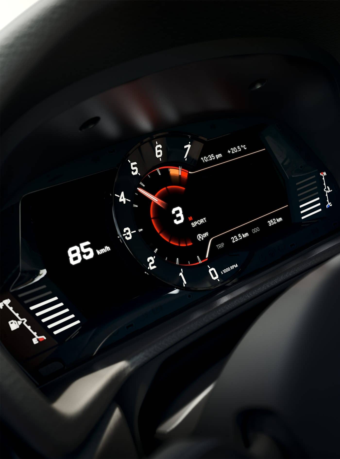 Detalle ampliado del cuadro de instrumentos del Toyota GR Supra durante la conducción.