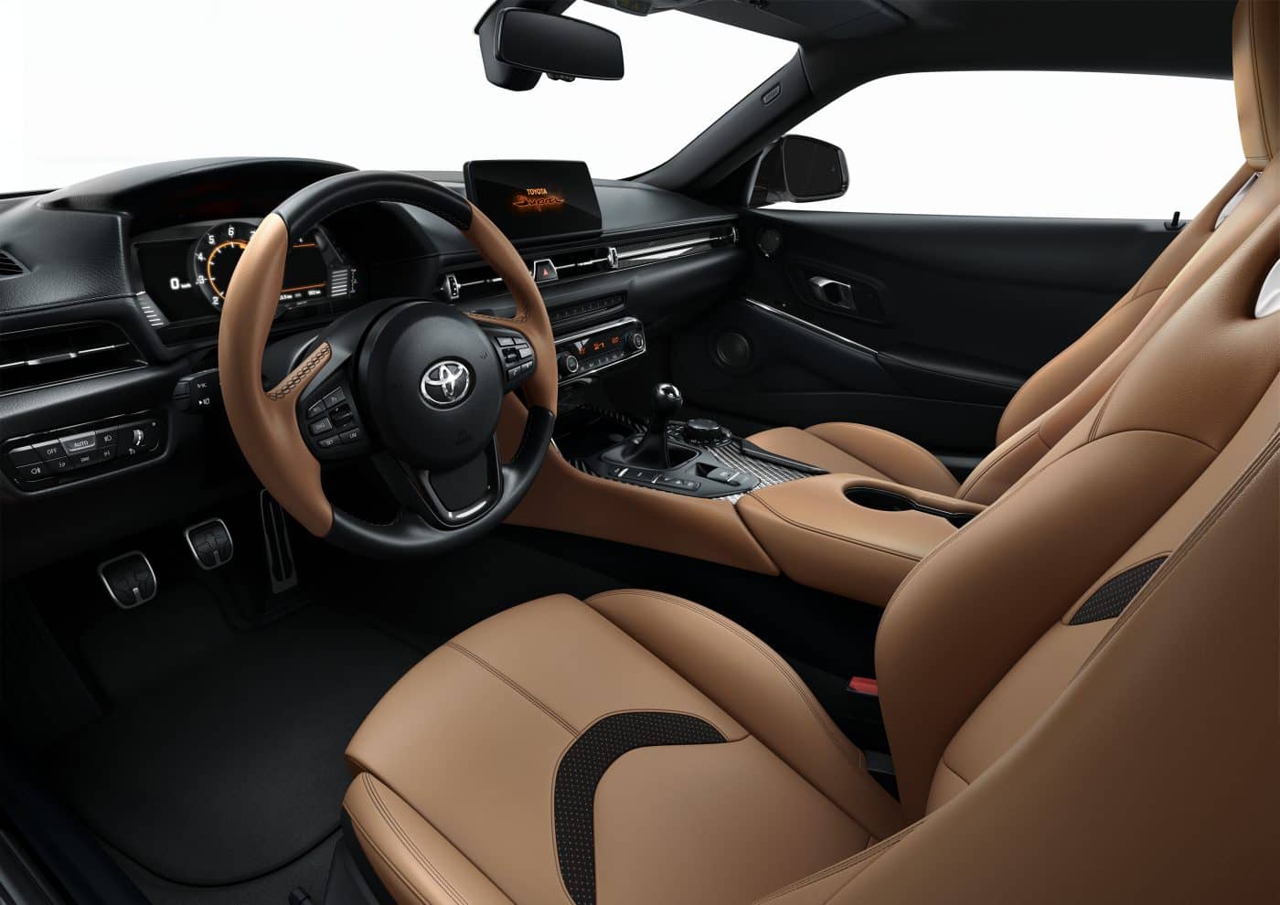 Habitáculo del Toyota GR Supra con acabados en cuero marrón