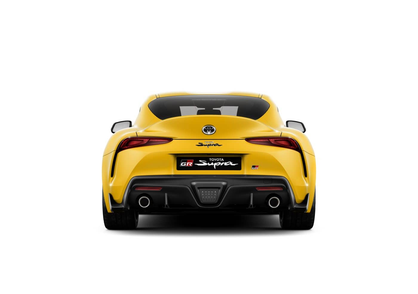 Vista trasera del Toyota GR Supra en amarillo, mostrando su distintiva forma y luces LED.