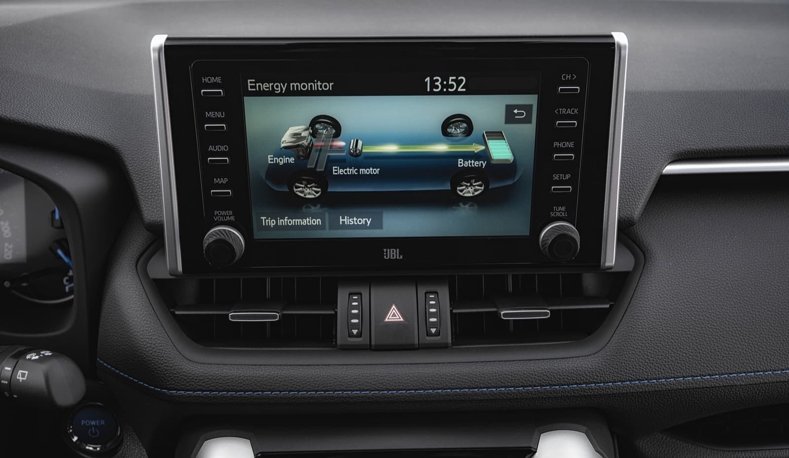 Monitor de energía mostrando el flujo de potencia del sistema híbrido.