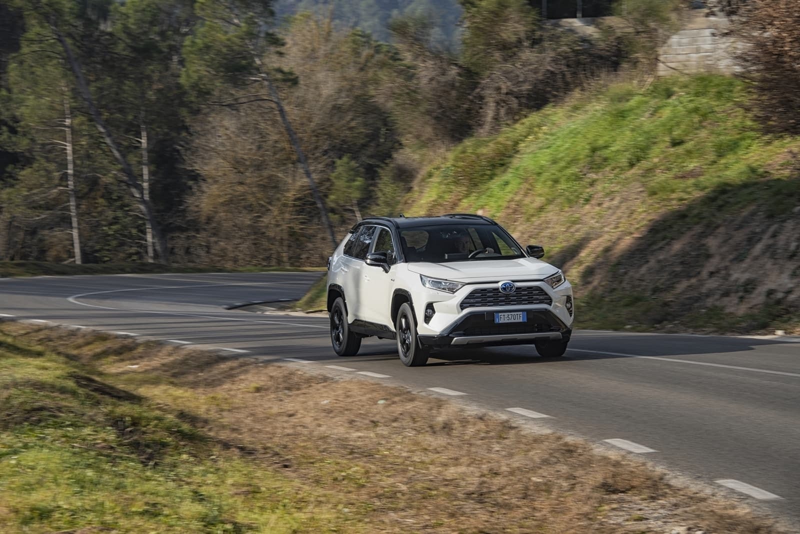 RAV4 híbrido integrándose en el entorno natural en movimiento.