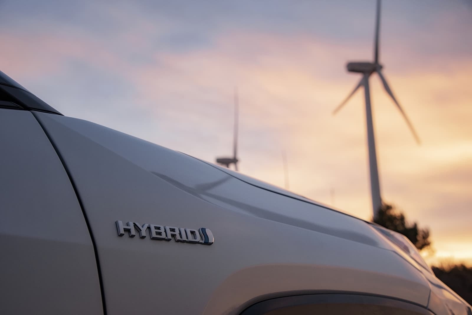 Vista en detalle de la insignia 'HYBRID' del Toyota RAV4.