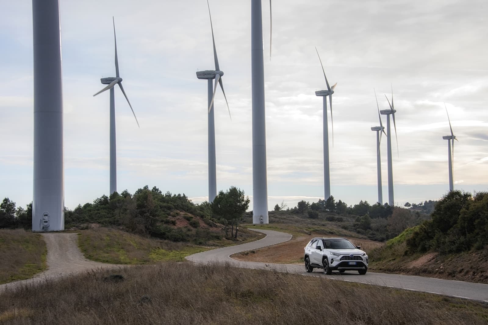 Vista frontal y lateral del Toyota RAV4 Híbrido en carretera de montaña.
