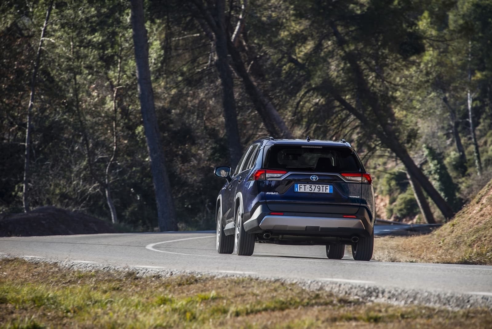 Vista dinámica del Toyota RAV4 Híbrido desde atrás en carretera.