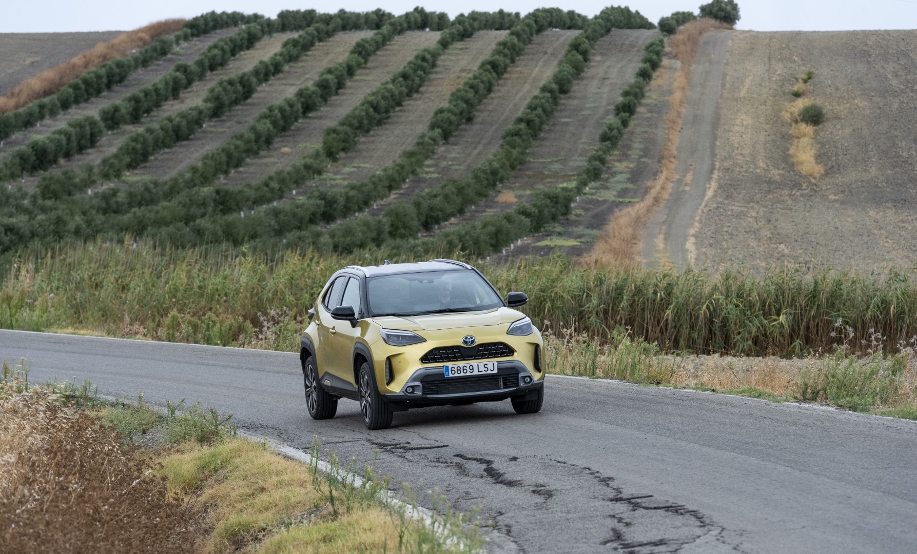 Yaris Cross hibrido en un entorno rural, vista lateral delantera.