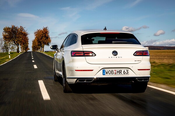 Rear view showcasing the Arteon's sleek design and badging. Rear view showcasing the Arteon's sleek design and badging.