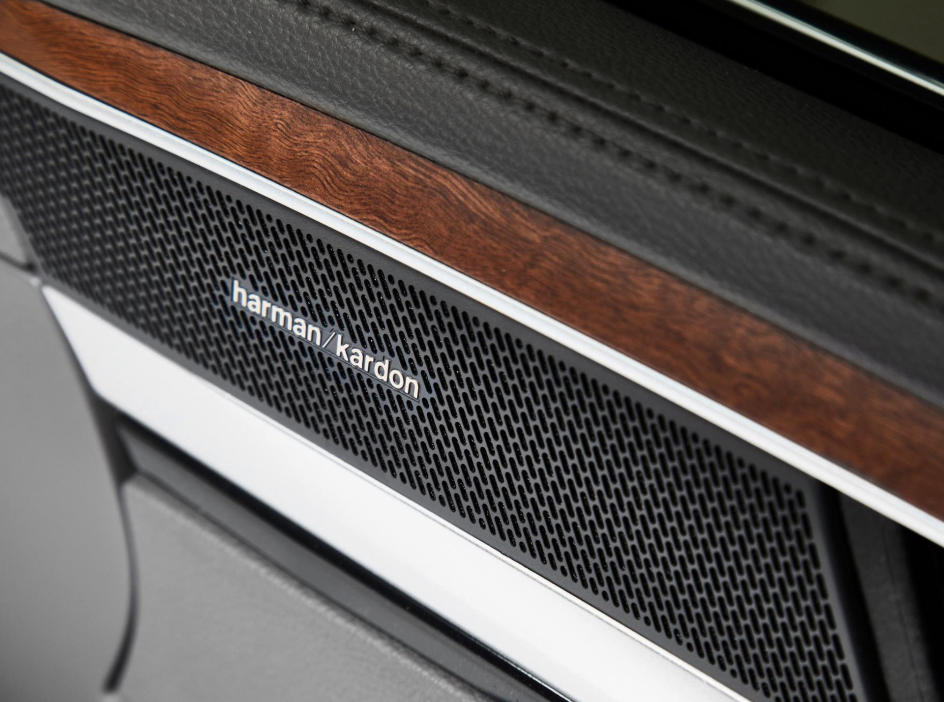 Detalle del sistema de audio Harman Kardon, sinónimo de calidad sonora premium.