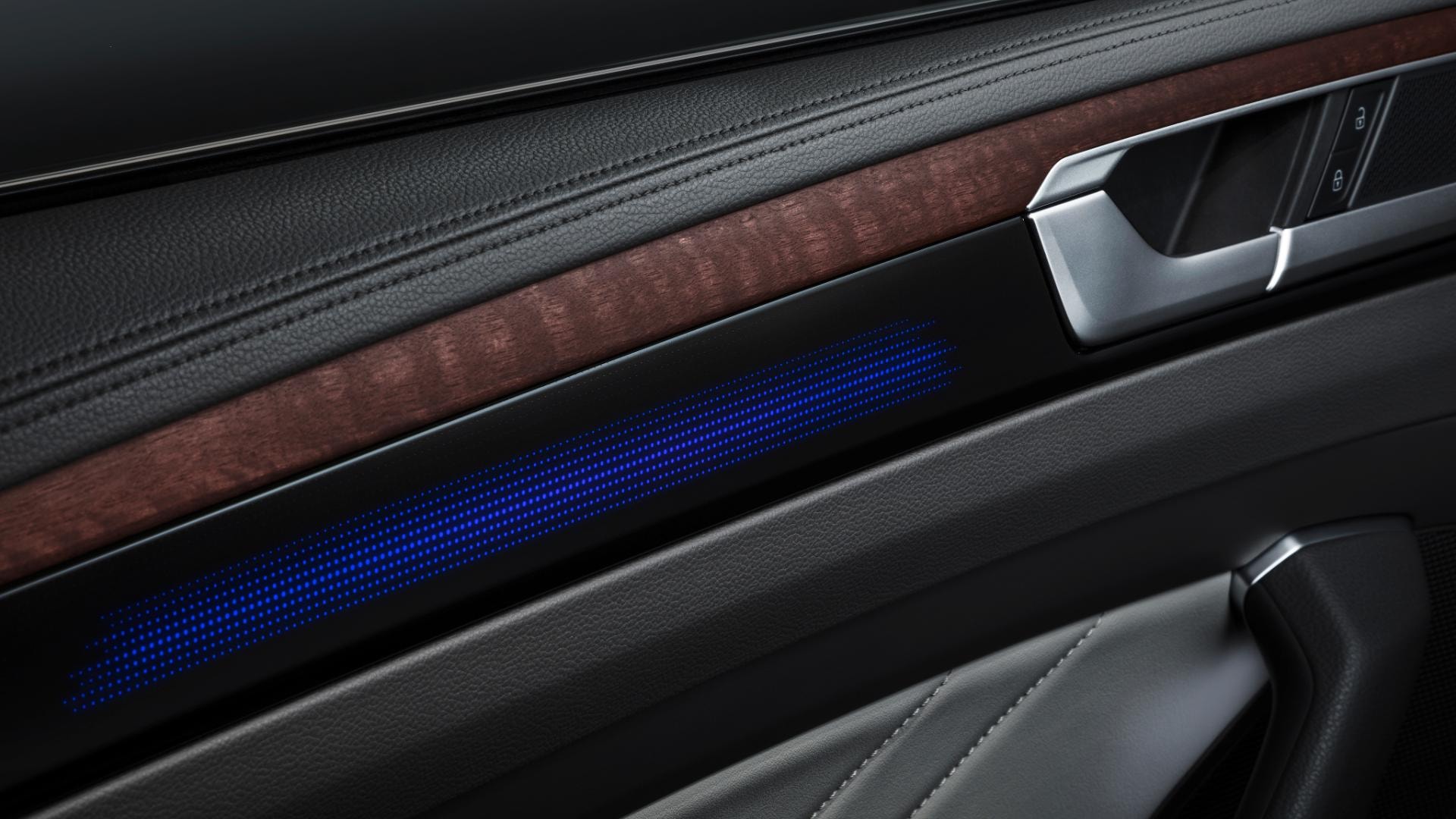 Elegantes acabados en puerta con luces ambientales.