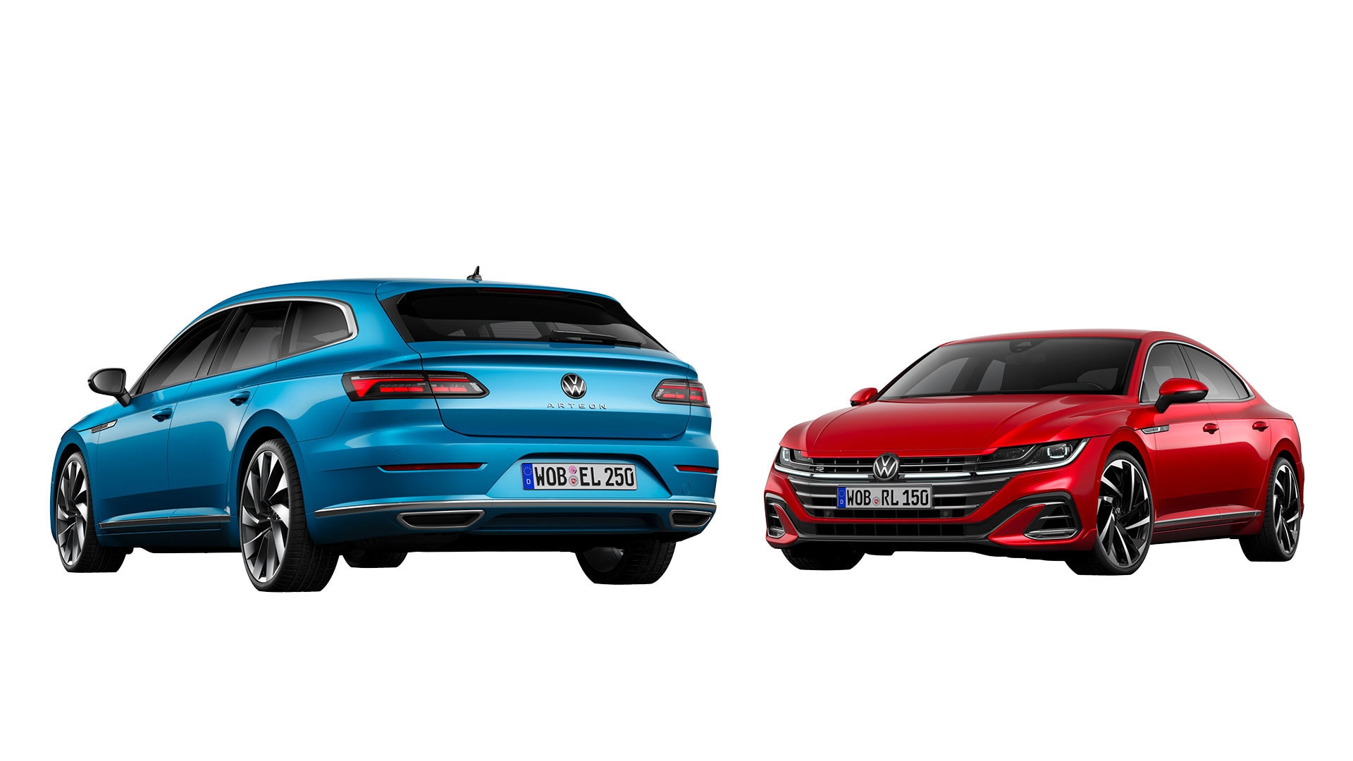 Elegante frontal del Volkswagen Arteon en color rojo, en contraste con el modelo azul en el fondo