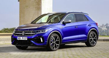 Vista delantera y lateral del T-Roc R en color azul. Vista delantera y lateral del T-Roc R en color azul.