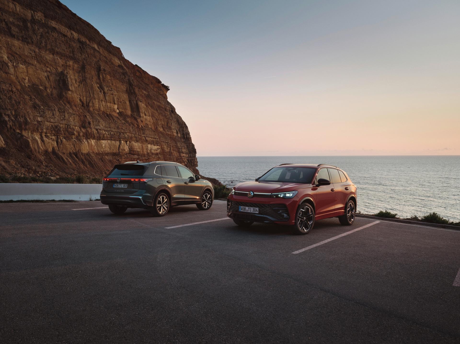 Dos Volkswagen Tiguan aparcados mostrando su parte trasera y lateral.
