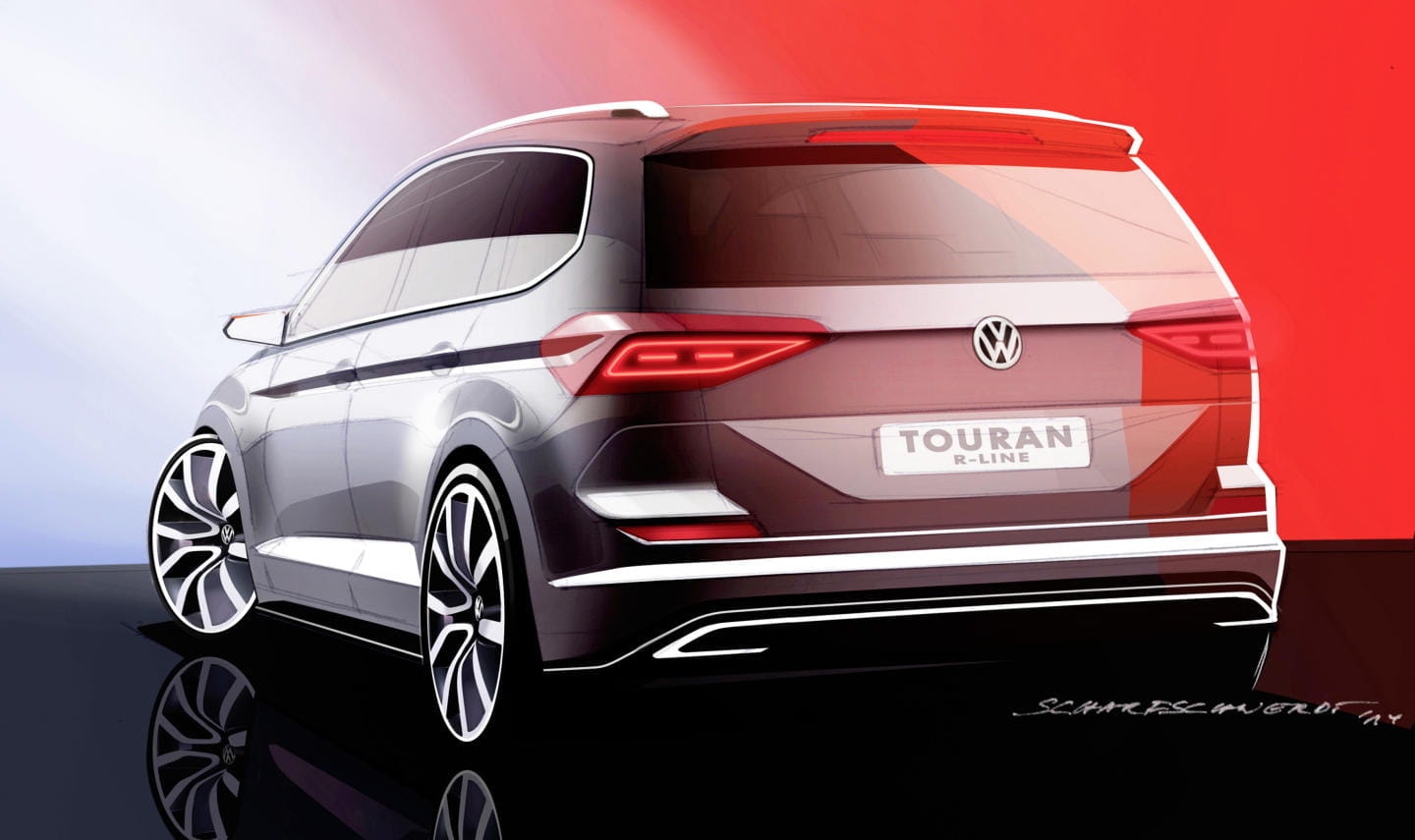 Boceto conceptual de un Volkswagen Touran, mostrando el diseño artístico inicial.