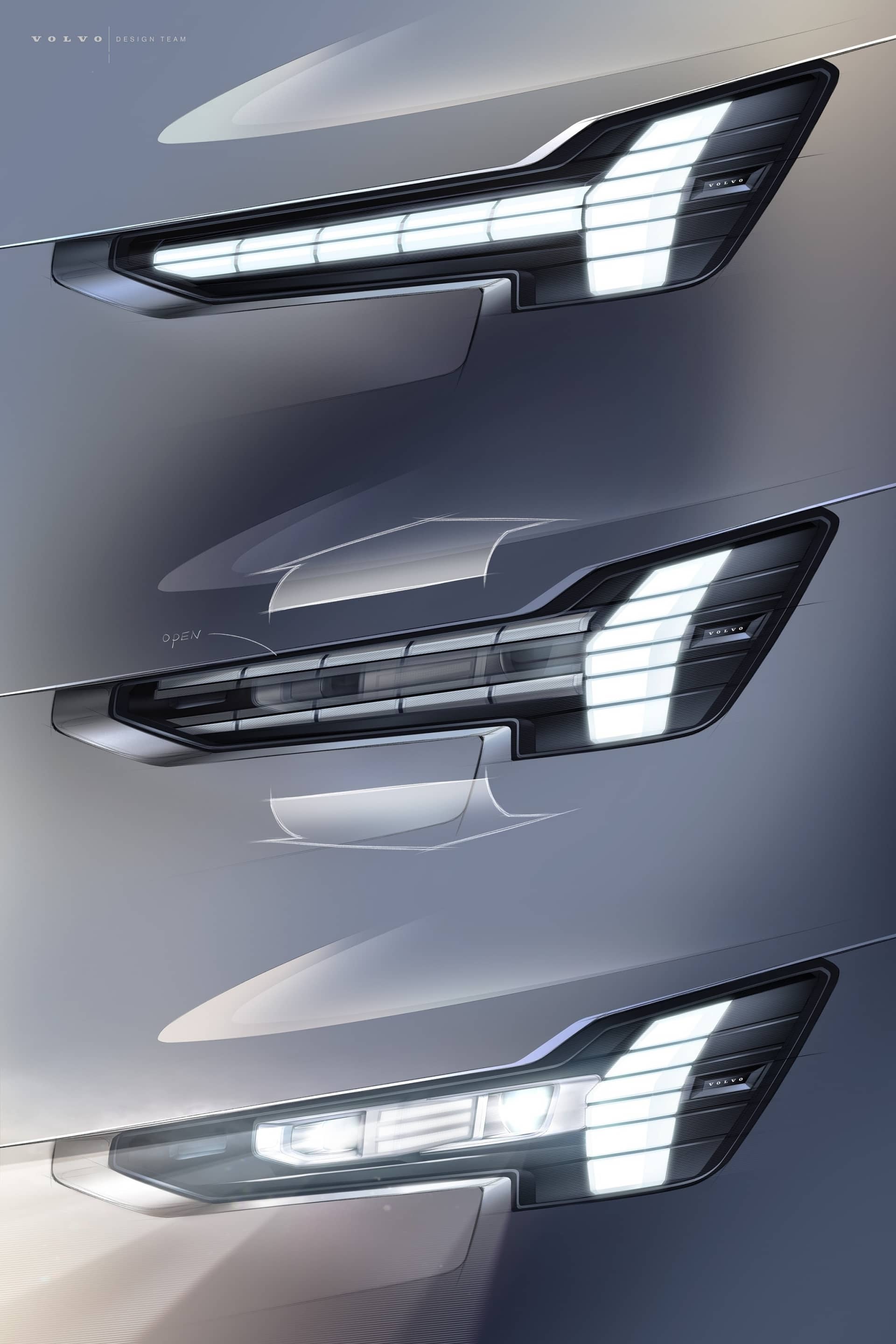 Detalle de los faros del Volvo EX90, mostrando tecnología LED avanzada.