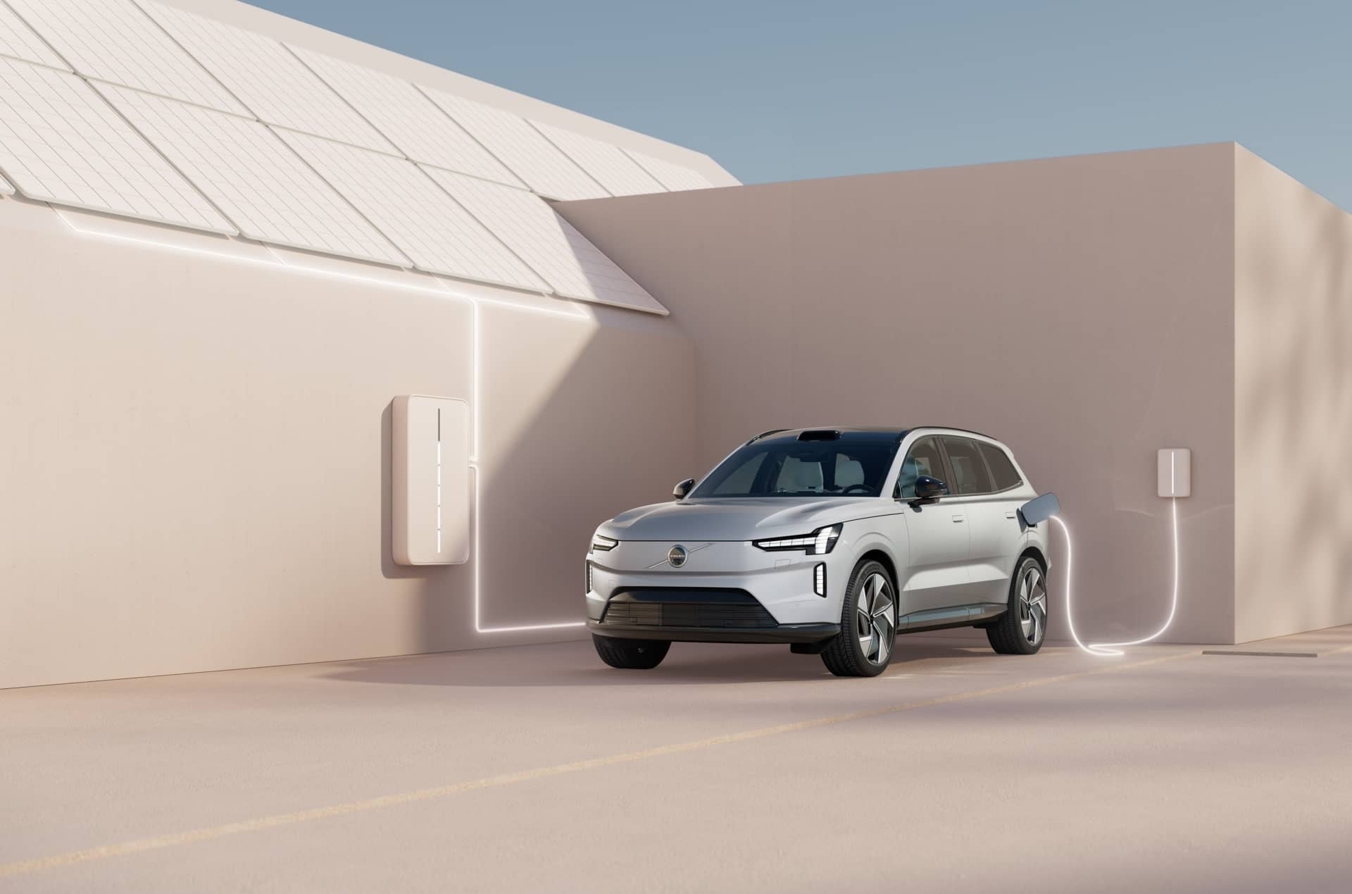 Vista lateral del Volvo EX90 destacando sus líneas y proporciones.