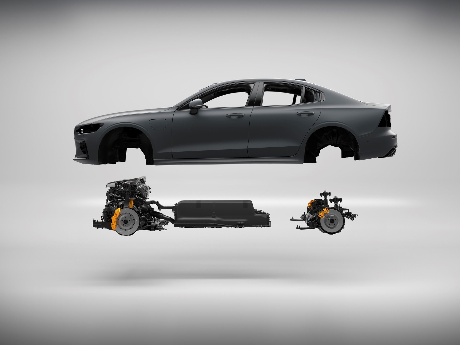 Imagen técnica mostrando chasis y tren motriz del Volvo S60.